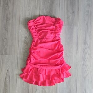 Lucy in the Sky Coral Strapless Ruched Ruffle Mini Dress